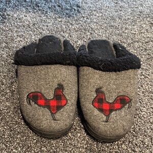Kids Gray & Red Plaid Rooster Slip-On Slippers